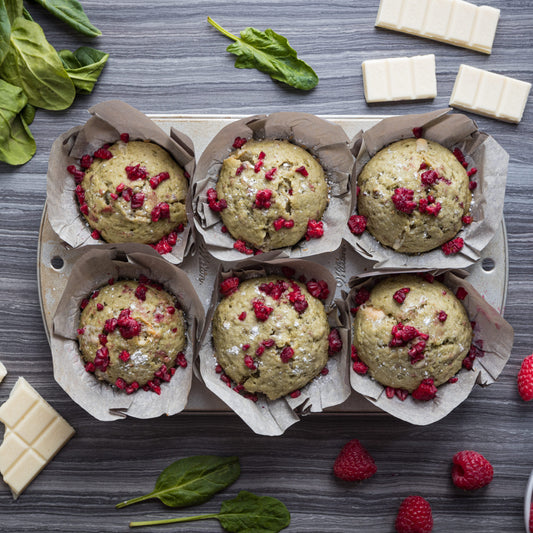 Muffins framboises, épinard & chocolat blanc